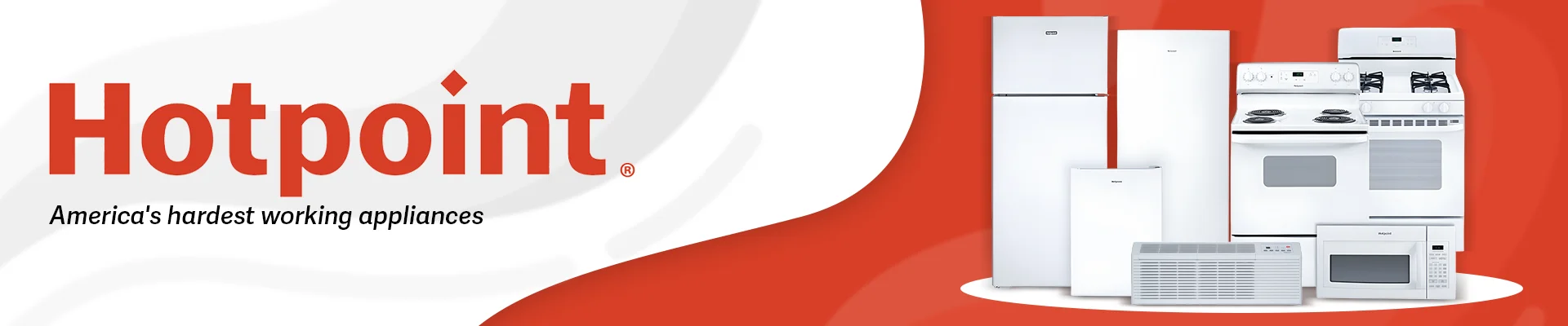 Hotpoint PTAC air conditioners in white, arranged in front of a red background with the Hotpoint logo, showcasing compact wall-mounted units.