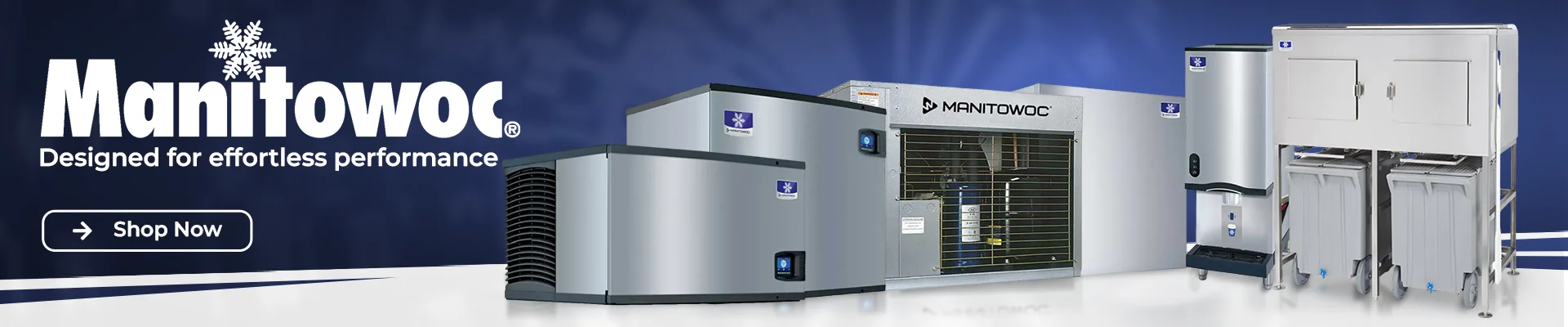 Manitowoc brand banner displaying commercial ice machines, ice machine head and refrigeration units with brand logo on a blue and white background.