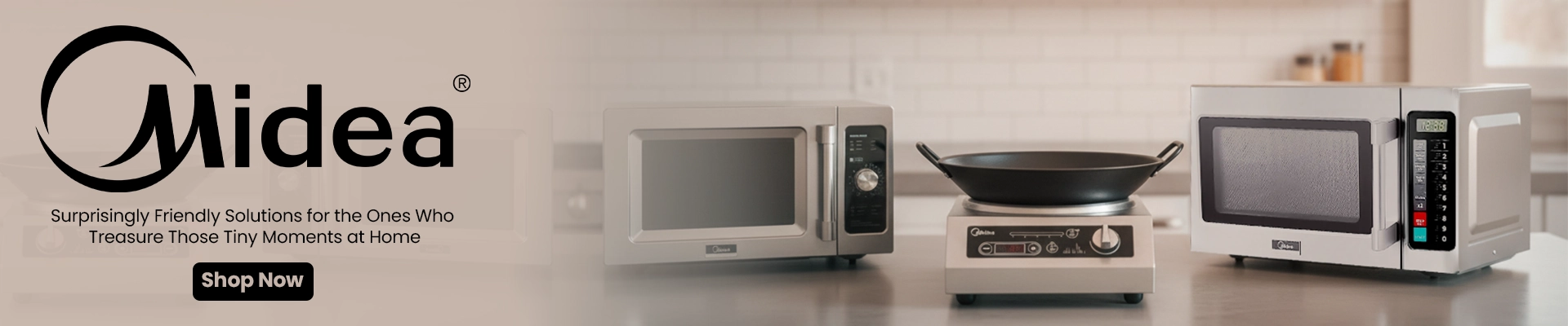 Midea brand banner featuring commercial microwave ovens and a high-speed oven with Midea brand logo on a modern blue background.