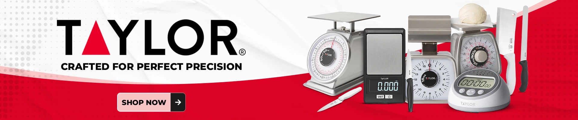 Taylor kitchen scales and thermometers displayed on a red and white background with brand logo, including analog, digital, and portion control models.