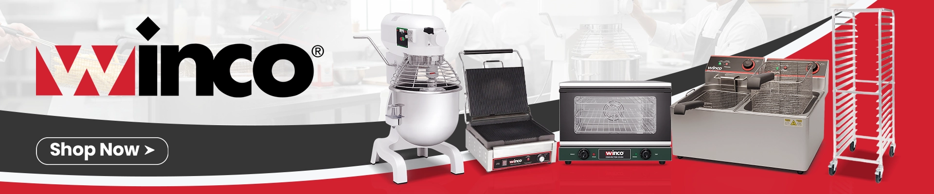 Winco commercial kitchen equipment banner featuring a display case, hot dog steamer, griddle, panini grill, and kitchen scale on a red background.