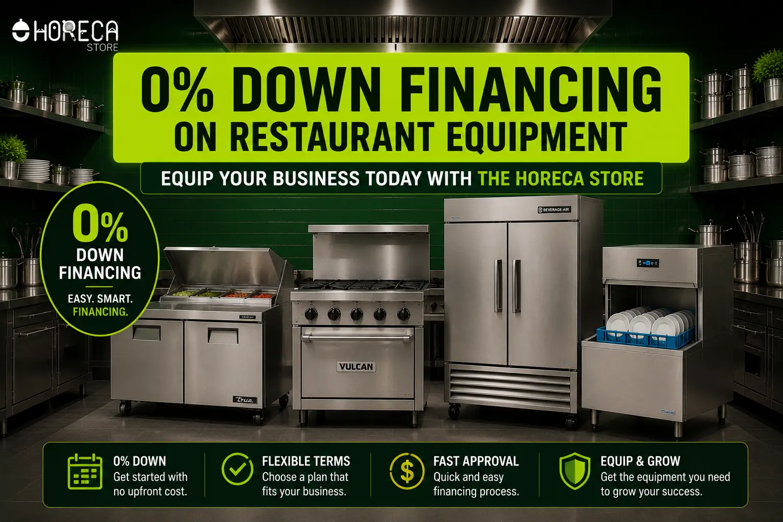 Get 0% down financing on restaurant equipment with flexible payment plans, fast approvals, and no upfront cost to grow your business.