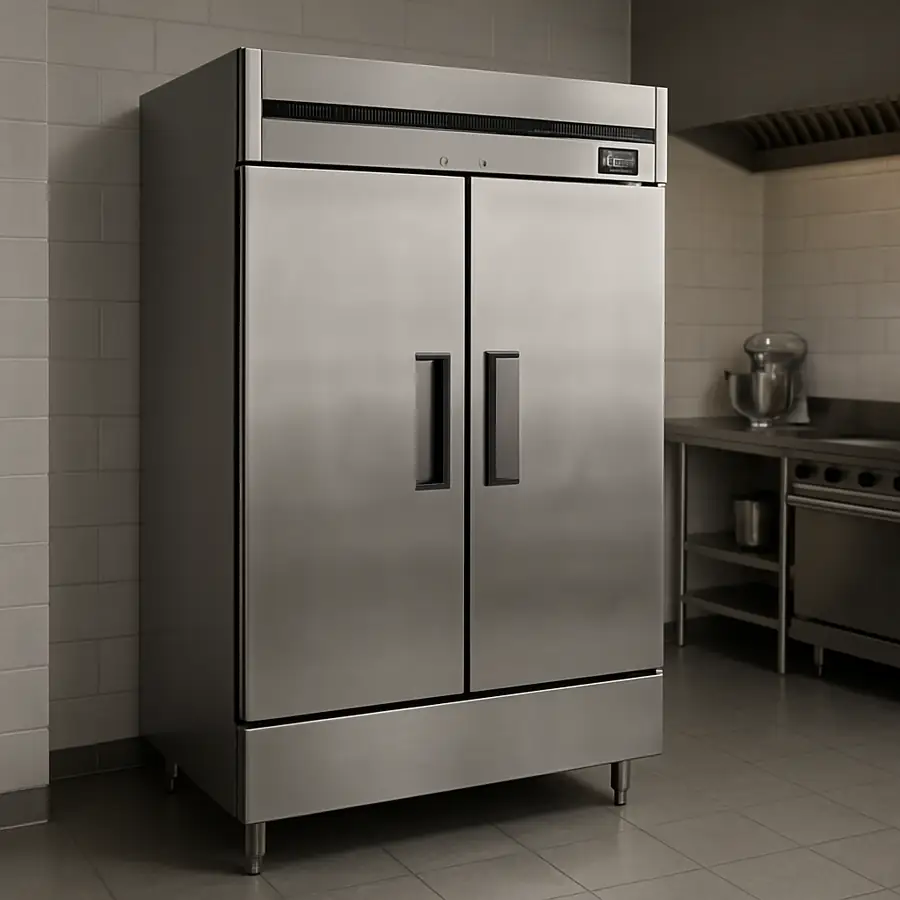 A clean, stainless steel two-door commercial reach-in refrigerator, closed, standing in a professional kitchen setting