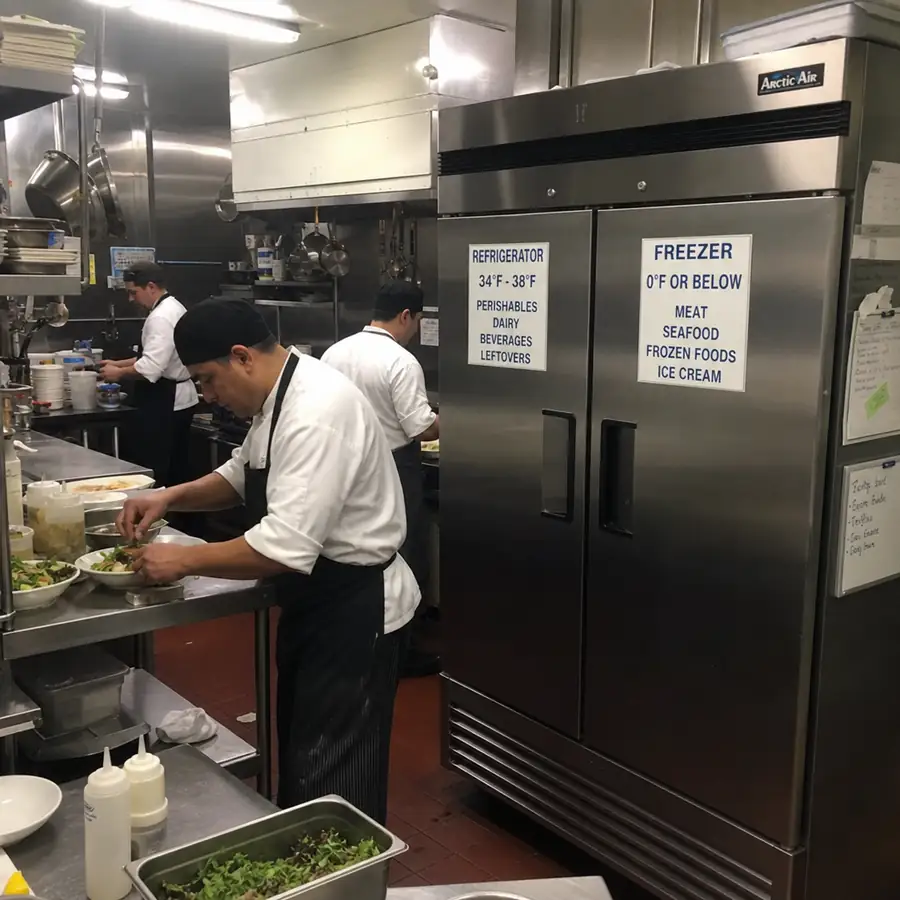 Busy restaurant kitchen showing chefs working next to a commercial refrigerator in English