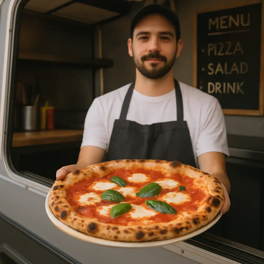 A perfectly baked Neapolitan pizza held by a food truck chef, illustrating a fast and simple menu item