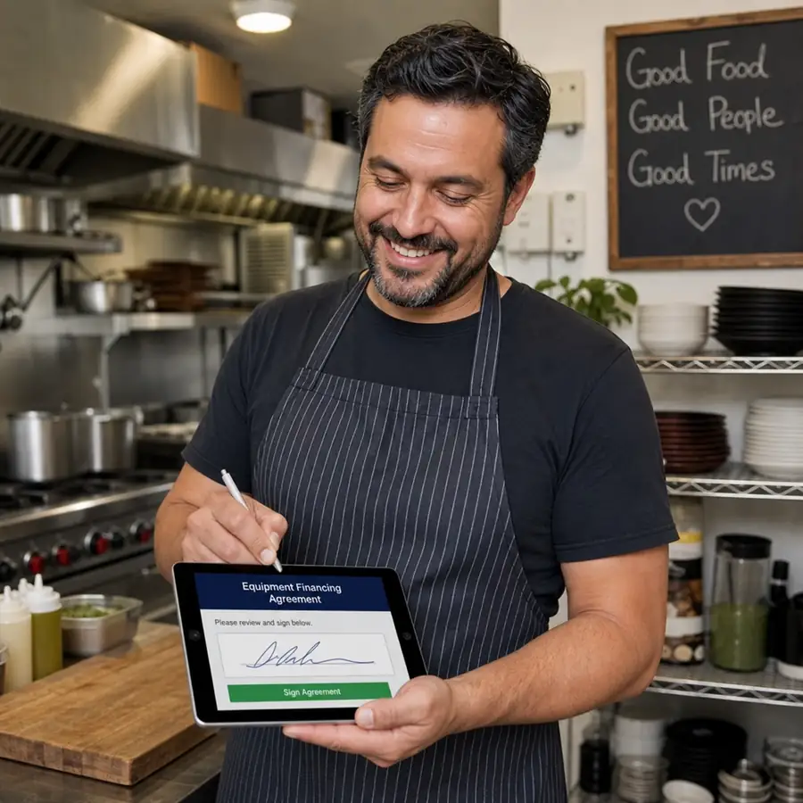 A restaurant owner happily signing a digital equipment financing agreement on a tablet while standing in their kitchen