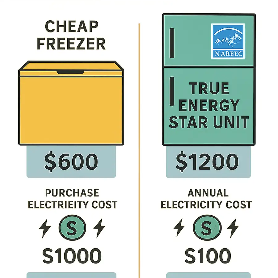 An infographic showing a 10-year cost-of-ownership comparison between a cheap $600 freezer and a True Energy Star unit.