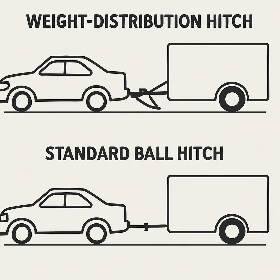 A diagram showing a weight-distribution hitch setup compared to a standard ball hitch.