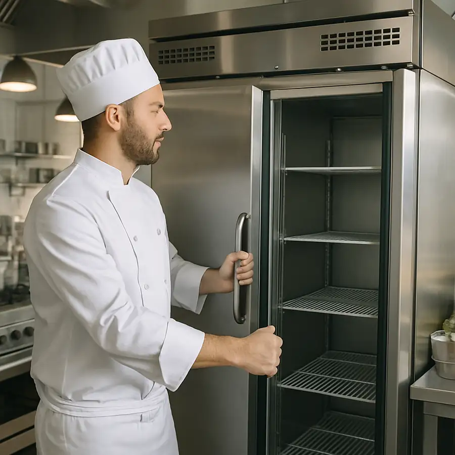 Chef confidently opening a sleek double-door reach-in commercial refrigerator in a pristine, busy restaurant kitchen