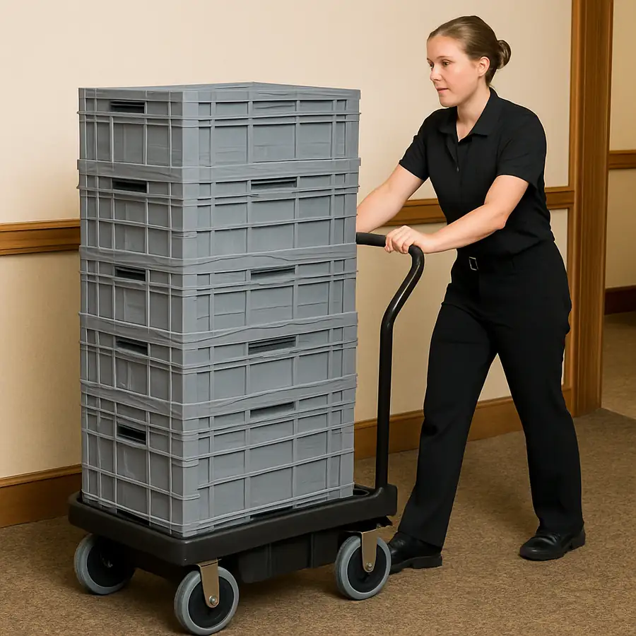 Staff member pushing a heavy-duty hospitality utility cart loaded with stackable catering crates