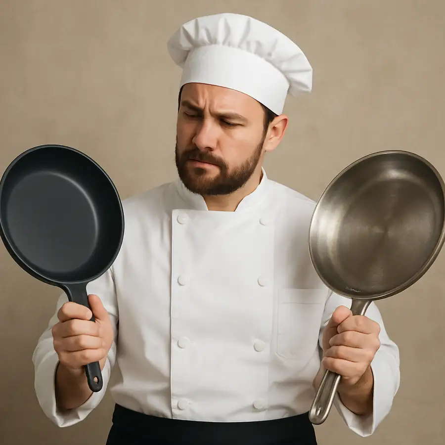 A chef comparing a sleek ceramic pan with a heavy-duty stainless steel skillet