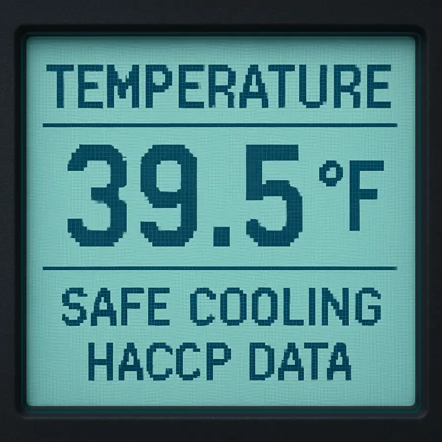 Digital temperature read out displaying safe cooling temperatures and HACCP data