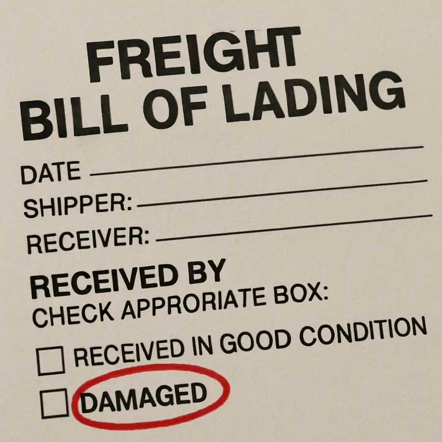 A close-up of a freight bill of lading where a receiver has circled 'Damaged' and taken a photo, showing the correct way to accept a shipment.