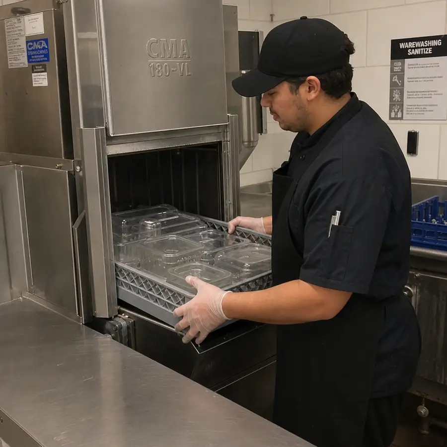 A kitchen worker pulling sanitized food containers out of a commercial high-temp dishwasher
