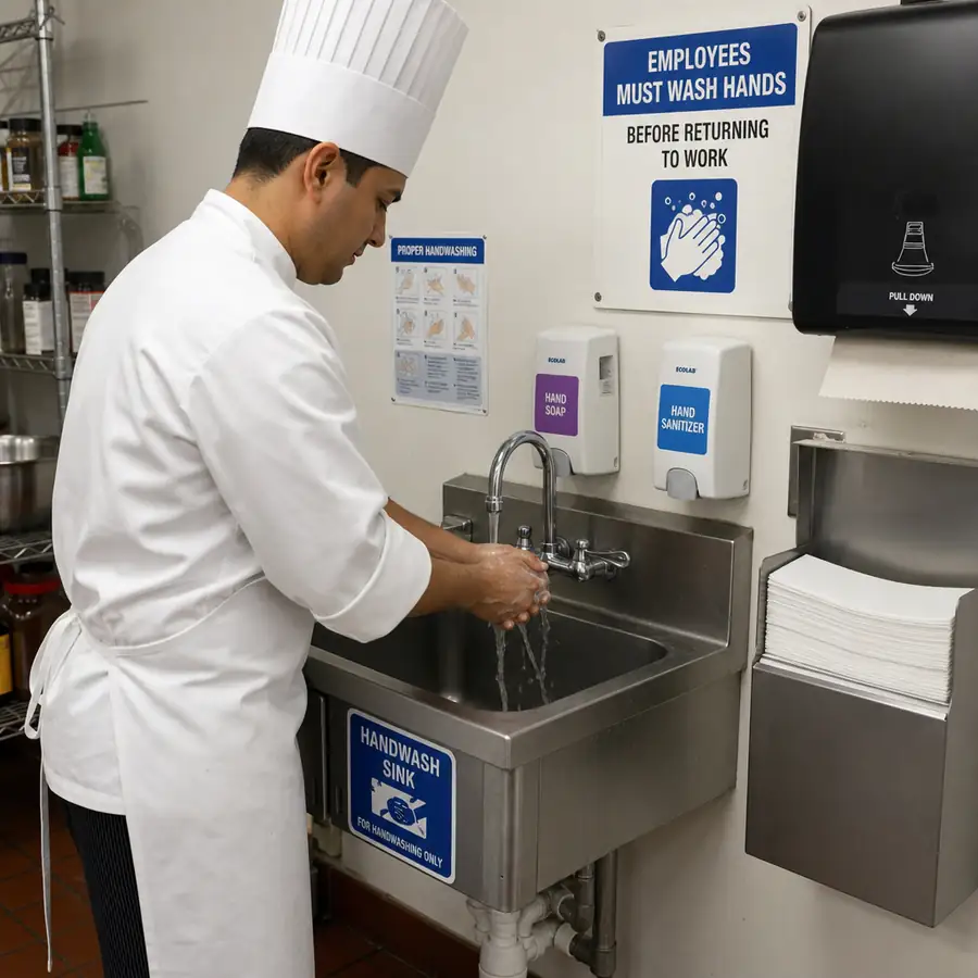 Chef washing hands at a dedicated commercial kitchen handwashing sink fully stocked with soap and towels in ENGLISH
