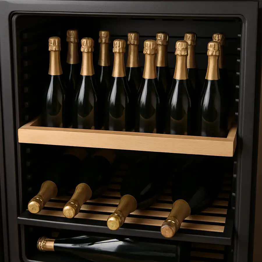 Pull out wooden shelf in a wine fridge loaded with Champagne and large magnum bottles