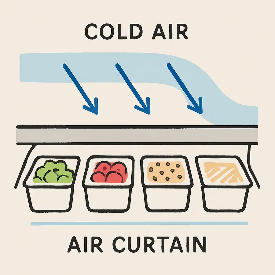 A simplified diagram showing arrows representing cold air blowing across the top of open ingredient pans to create an 'air curtain'.