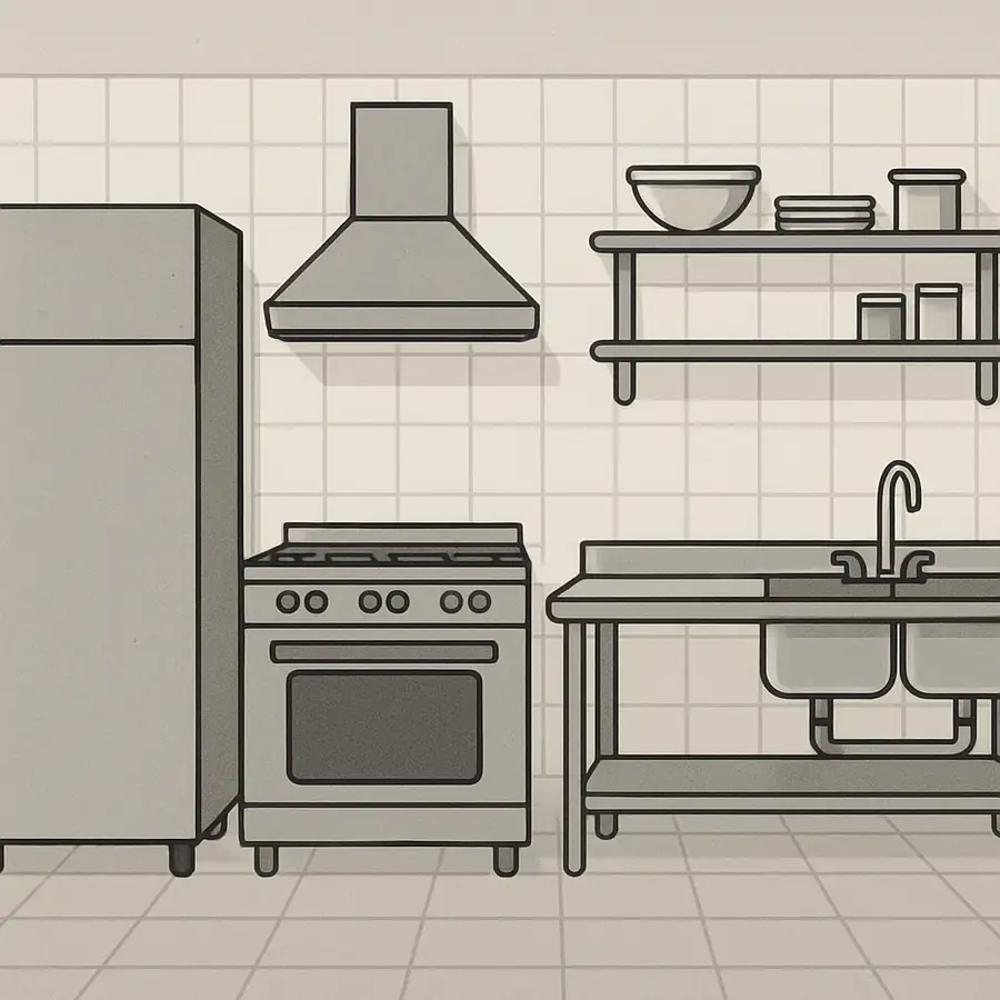 A clean, simple image showing a small, well-organized commercial kitchen featuring the five items on the checklist: a stainless steel refrigerator, a range, a prep table, a three-compartment sink, and shelving