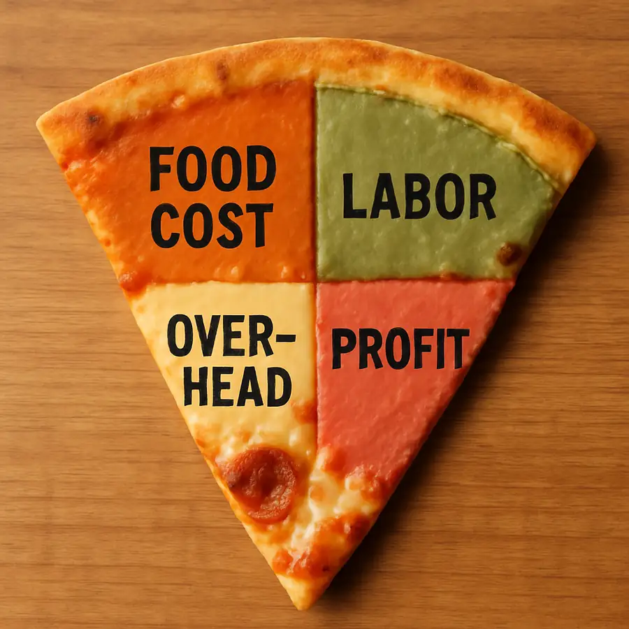 A simple photograph of a taco or pizza slice divided into sections showing food cost, labor, overhead, and profit.
