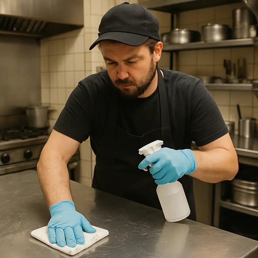 A dedicated staff member thoroughly sanitizing a commercial kitchen countertop at the end of a busy shift
