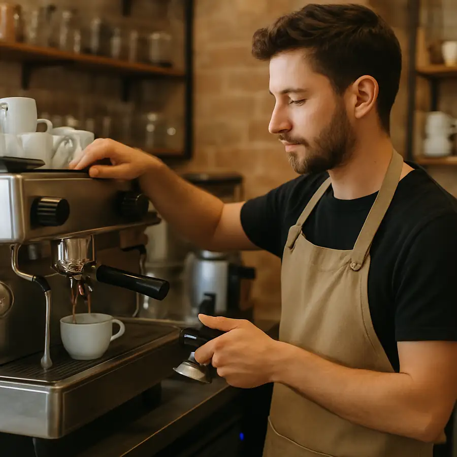 Cafe barista using a commercial espresso machine