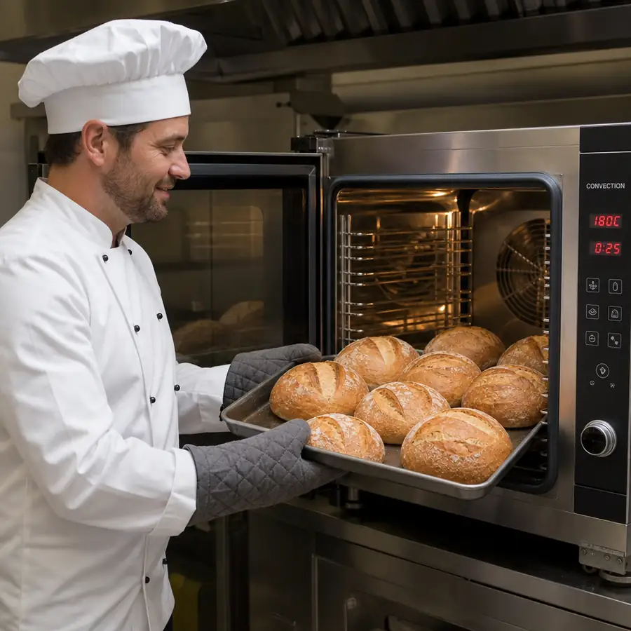 Chef pulling perfectly baked bread from a premium convection oven