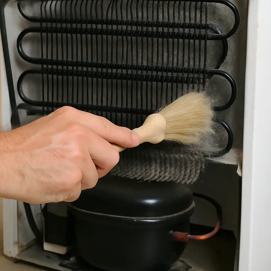 A technician's hand using a soft brush to clean the dust off a freezer's condenser coils.
