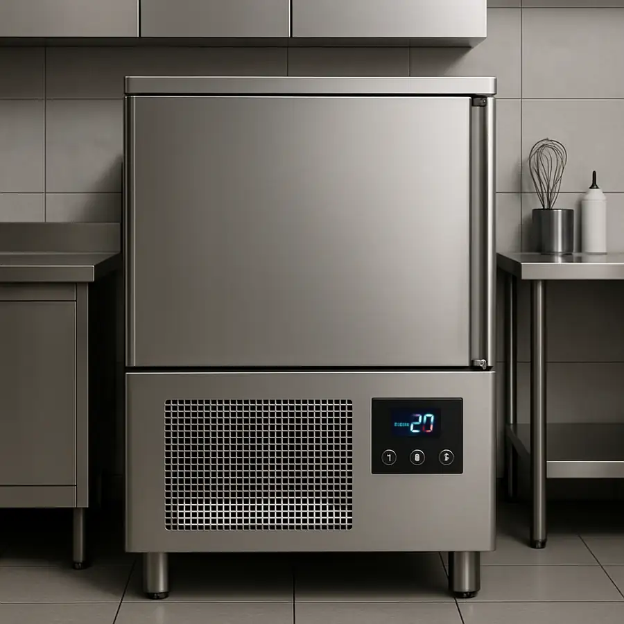 A sleek stainless steel commercial blast chiller in a modern professional kitchen