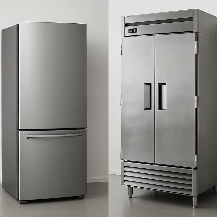 A simple side-by-side photo showing a sleek residential fridge next to a sturdy, stainless-steel commercial reach-in refrigerator