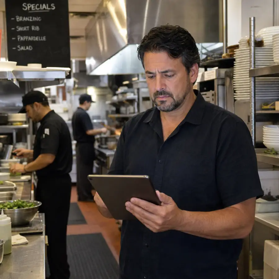 A busy restaurant owner looking at a tablet while standing in a commercial kitchen