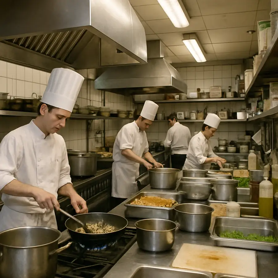 A bustling restaurant kitchen with chefs using various equipment