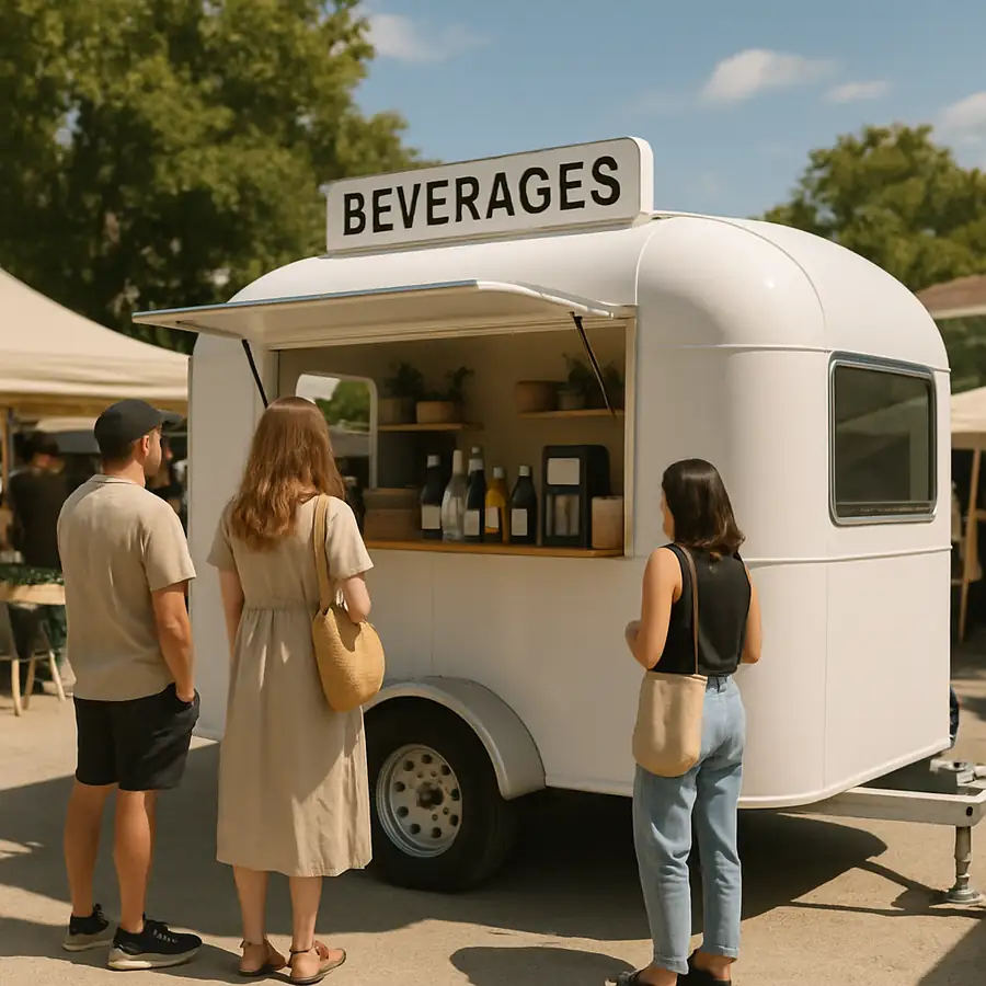 A clean, aesthetically pleasing mobile beverage trailer parked at a sunny outdoor market with customers nearby.