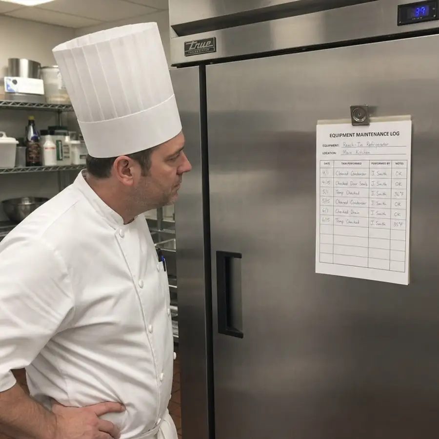 A chef examining a commercial equipment maintenance log attached to a stainless steel refrigerator