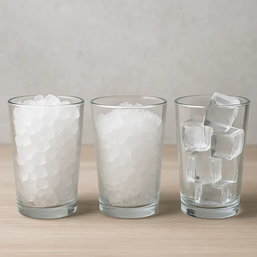 A high-quality photo showing three different glasses: one with chewable nugget ice, one with flat flakes, and one with crystal-clear square cubes.