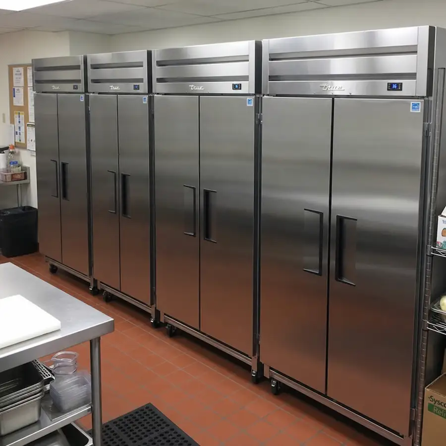 A row of True commercial reach-in refrigerators in a prep area