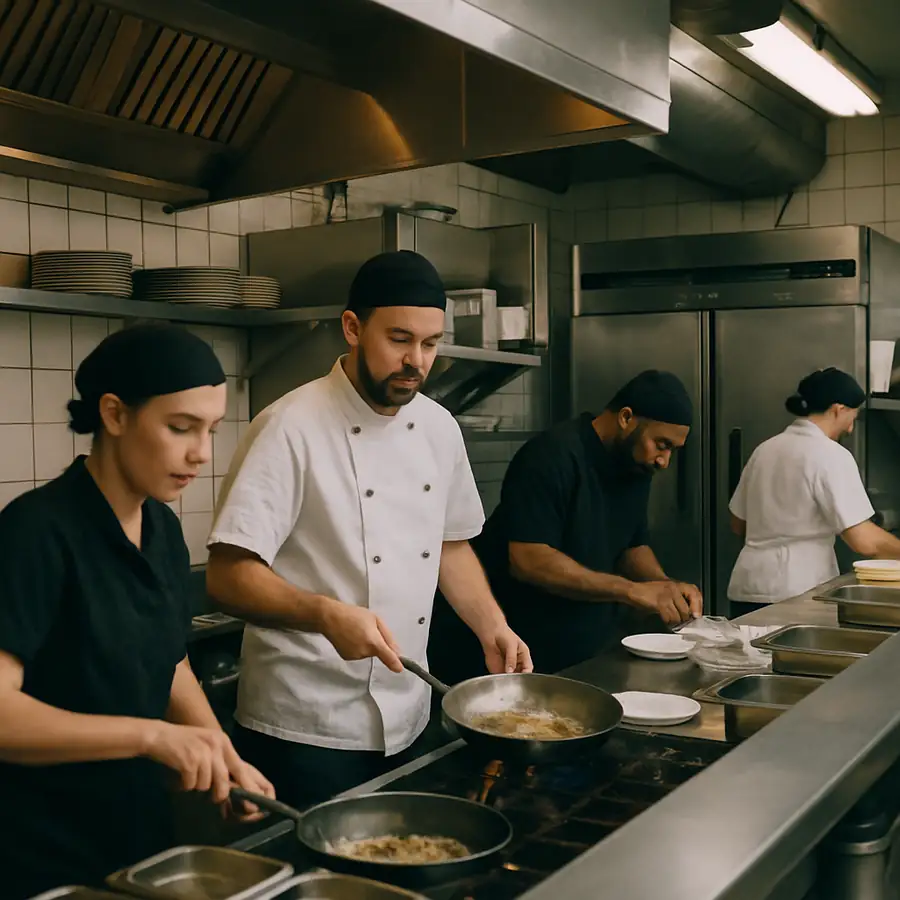 Busy commercial kitchen staff working alongside modern stainless steel commercial refrigerators