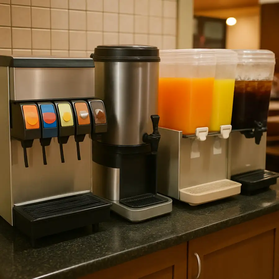 Various beverage dispensers lined up in a restaurant setting