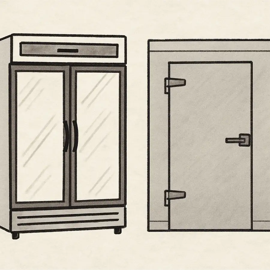 A side-by-side illustration of a double-door reach-in unit next to a small walk-in cooler door to show scale.