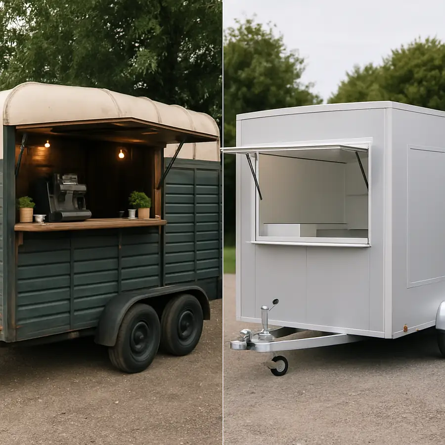 Side-by-side photo of a rustic converted horse box and a sleek, modern square concession trailer.