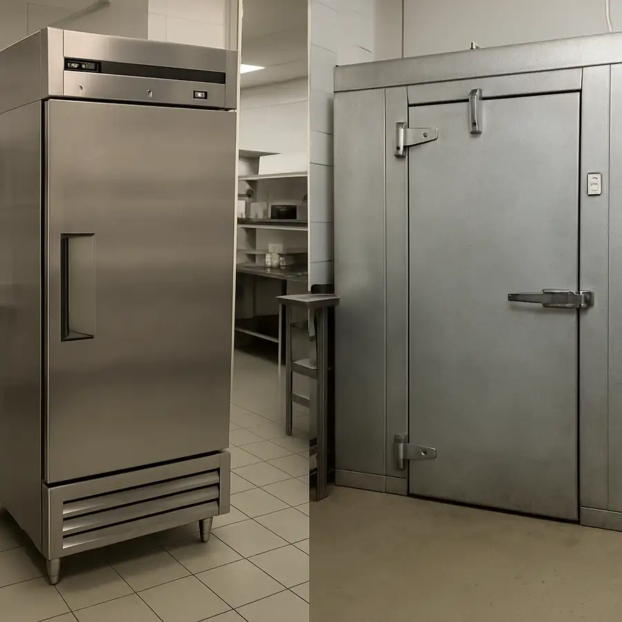 Side by side comparison of a stainless steel reach-in refrigerator and a walk-in cooler in a restaurant kitchen