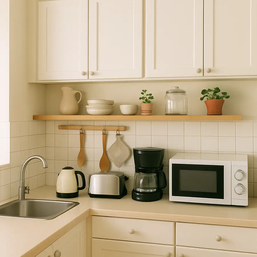 A bright, well-organized small kitchen featuring a few versatile appliances on a clear countertop