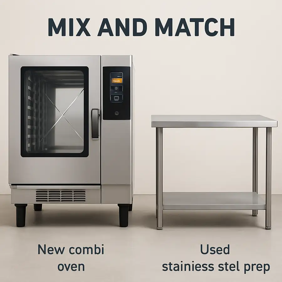 A side-by-side comparison image showing a gleaming new smart-connected combi-oven next to a sturdy, clean used stainless steel prep table, highlighting the 'Mix and Match' philosophy.