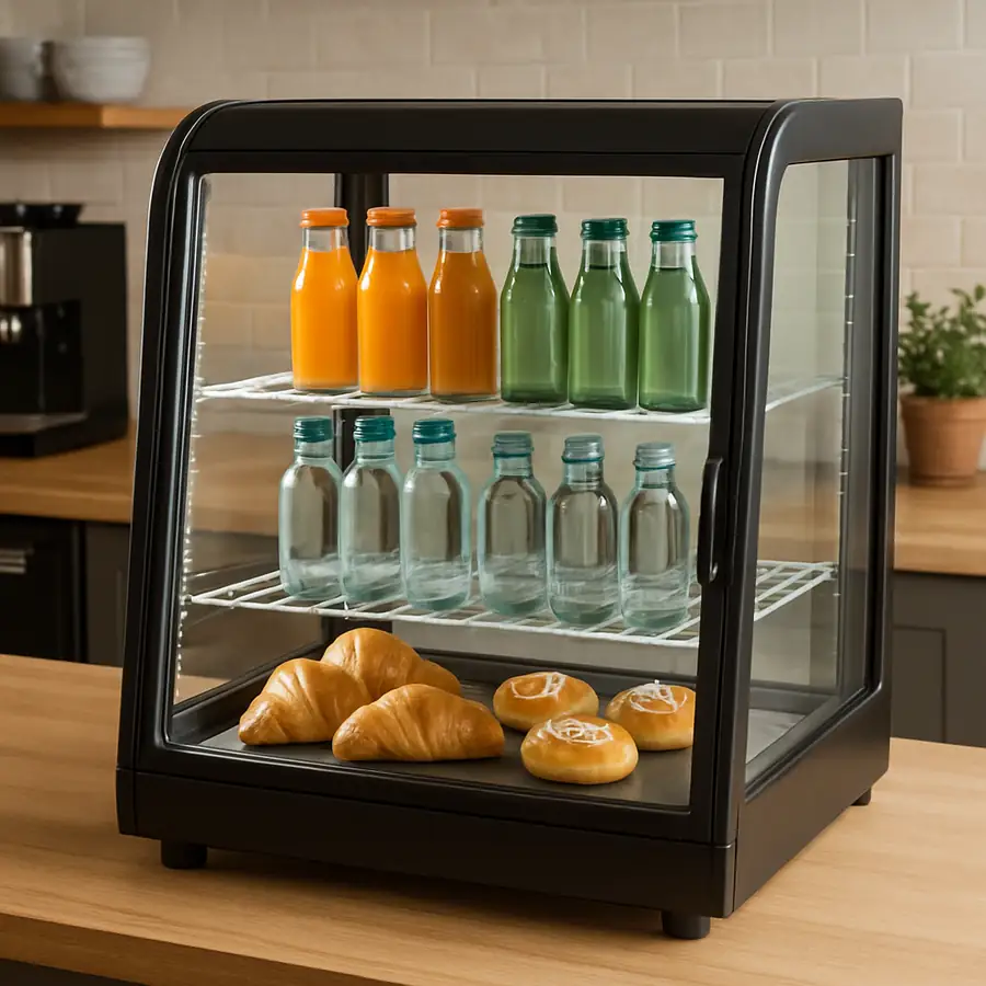 A sleek countertop display refrigerator showcasing bottled beverages and fresh pastries in a café setting