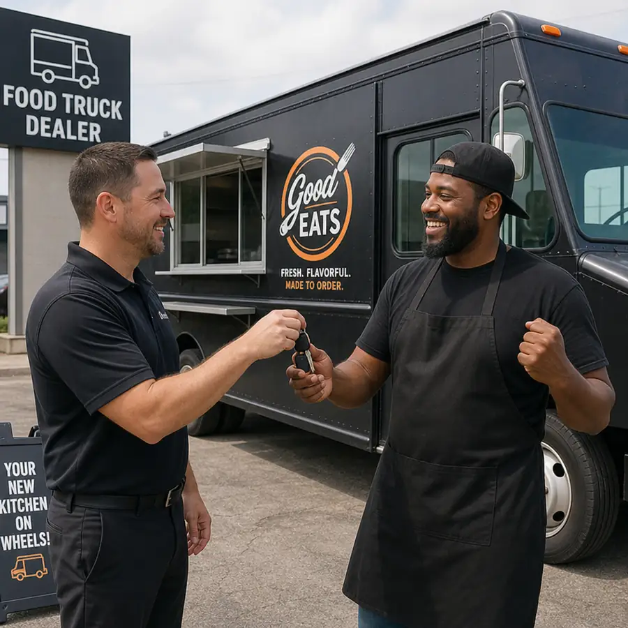 A proud business owner receiving the keys to their new food truck from a dealer