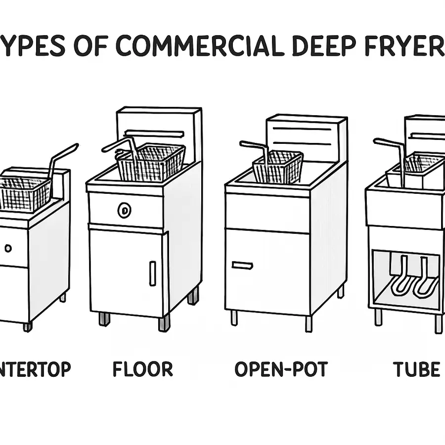 Diagram of different types of commercial deep fryers