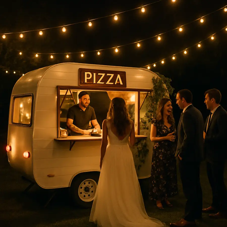 A visually appealing Instagram-style photo of a pizza trailer at a night-time wedding with fairy lights.