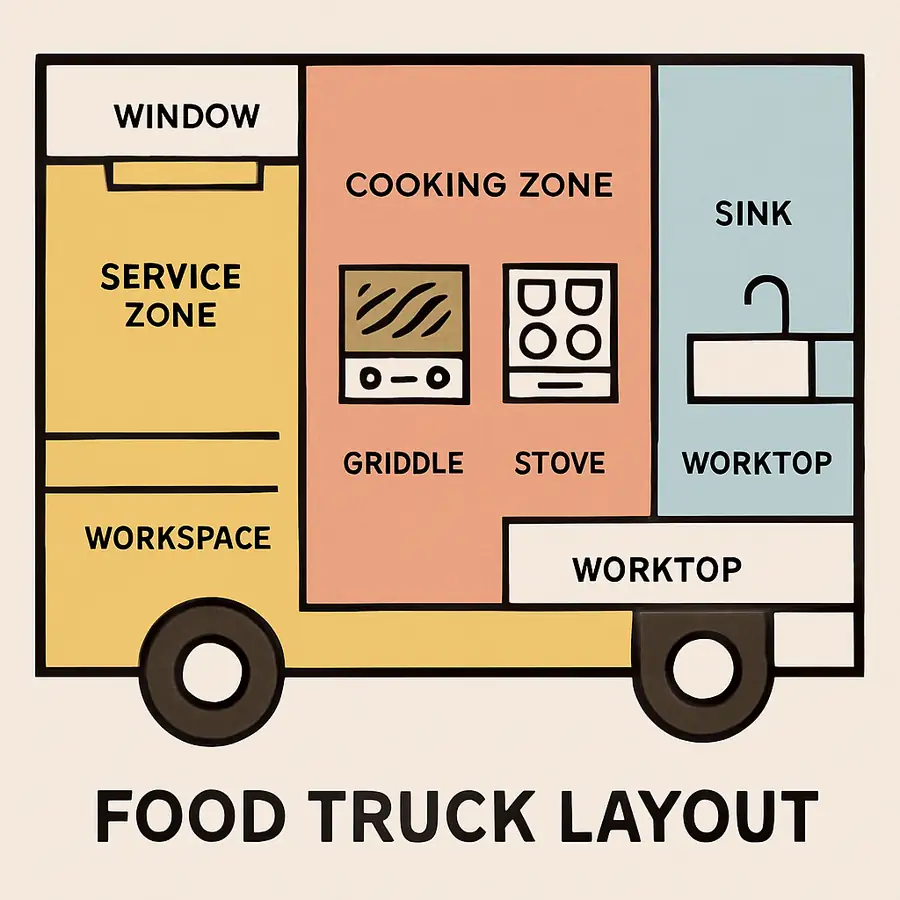 Food truck layout diagram showing zones and equipment placement