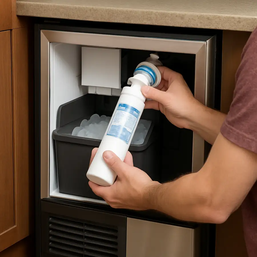 A person changing the water filter cartridge on a residential undercounter ice machine