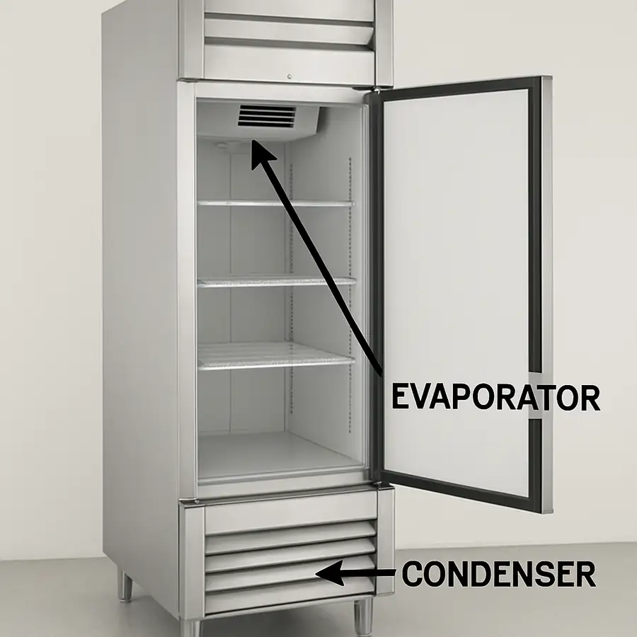 A photograph of a commercial reach-in refrigerator with arrows pointing to the location of the condenser (usually bottom or top) and the evaporator (inside).