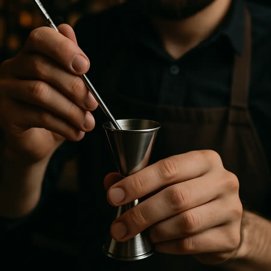 A close-up of a mixologist using a double-sided stainless steel jigger